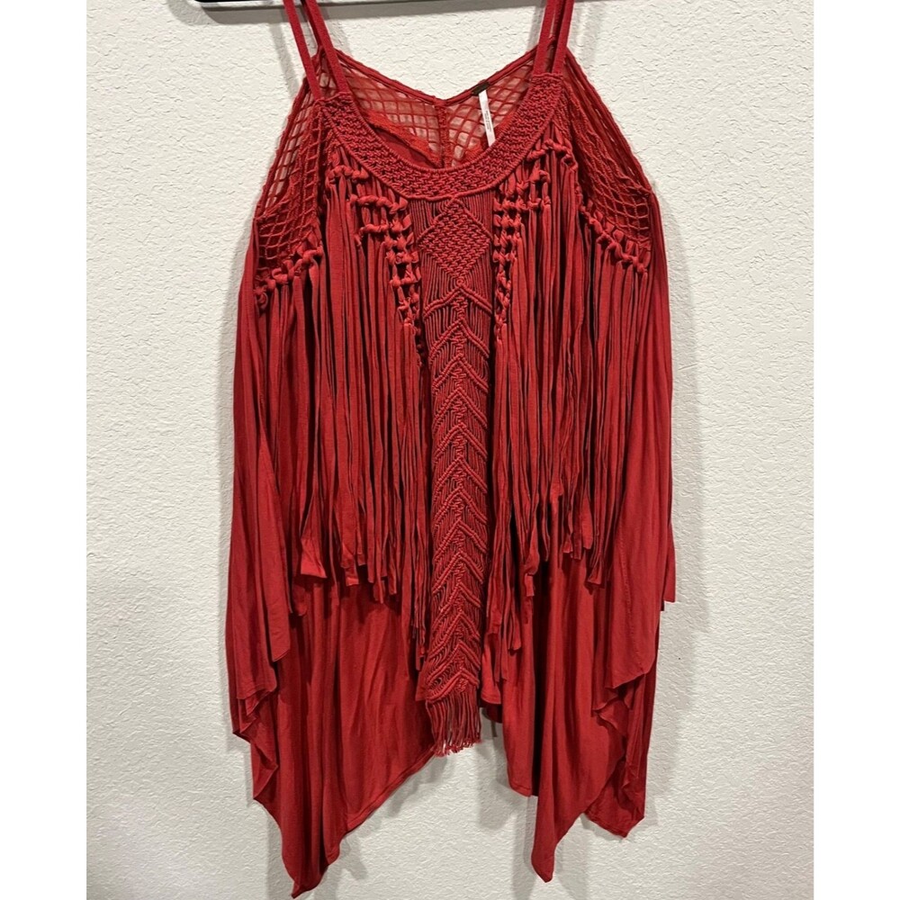 Free People Women Spaghetti Strap Pullover Fringe Tassel Coral Oversized XS